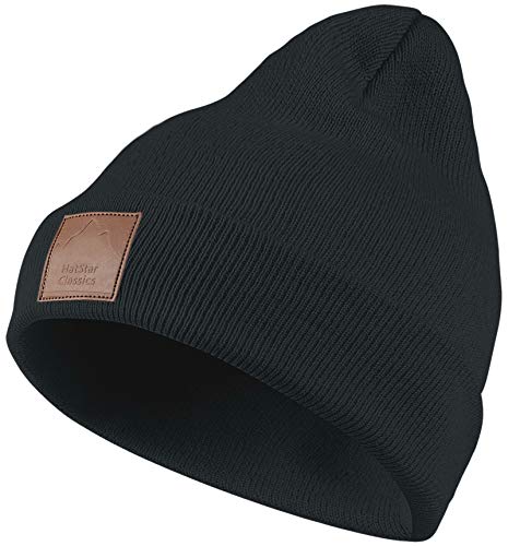 Warme Damen Beanie Mütze | Herren Mütze mit Leatherpatch | Strickmütze Wintermütze | für Frauen Männer Unisex | Cuffed Hats Weich & Warm schwarz von Hatstar