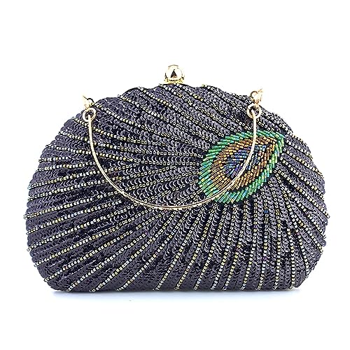 2023 Damen-Geldbörse, handgefertigt, Pailletten, Pfau, Abendtasche, formell, elegant, Party, Clutch, Handtasche, Umhängetasche, Abendtasche, Schwarz von Hattba