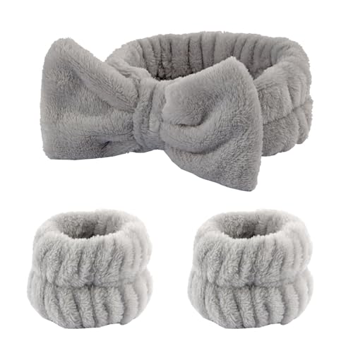 3-teiliges Set mit hübschem Schleifen-Armband, Haarband-Set, für Damen und Mädchen, Gesicht waschen und schminken, Plüsch-Armband, Stirnbänder, elastische Armbänder zum Waschen des Gesichts von Hattba