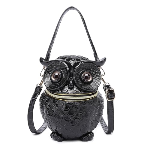 Auffällige Umhängetasche mit Eulen-Prägung und verstellbarem Riemen, PU-Leder, Punk-Crossbody-Tasche, Handtasche für Damen, einzigartige geprägte Tasche, Schwarz , One Size von Hattba