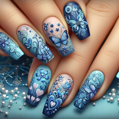Coffin Press on Nails Full Covers Stick On Butterfly Designs False For Women Manicure Accesories 24Pcs Office Wear Nail von Hattba