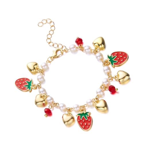 Hattba Erdbeer-Kirschen-Herz-Perlenarmband für Damen, verstellbar, schöner Berufsschmuck, Statement-Stücke Hattba Erdbeer-Kirschen-Herz-Perlenarmband für Damen, verstellbar, schöner Berufsschmuck, Statement-Stücke von Hattba