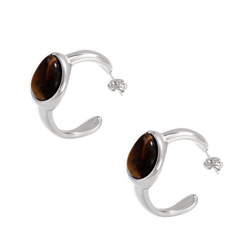 Hattba Modische Kreolen mit Tigerauge, goldfarbenes C-förmiges Design, Accessoire für modische Frauen, 2.7x3cm/1.06x1.18inch, Edelstahl von Hattba