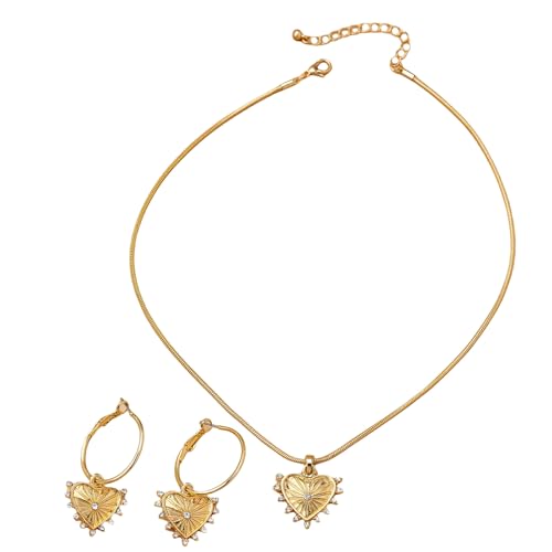 Hattba Modisches Herz-Anhänger-Set mit Halskette und Ohrringen mit funkelnden Strasssteinen, Legierung, Textur, Geschenk für modische Frauen, Herz-Anhänger-Halskette von Hattba