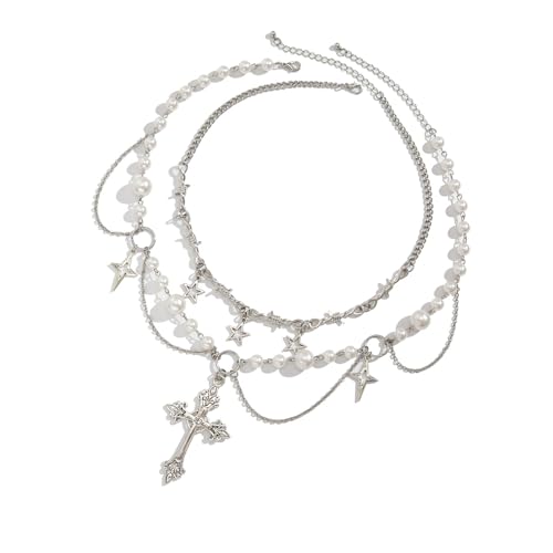 Modische Kreuz-Perlen-Halskette, einzigartiges Kreuz- und Perlen-Halsketten-Set, Halsketten-Set für reife Frauen, formelle Anlässe von Hattba
