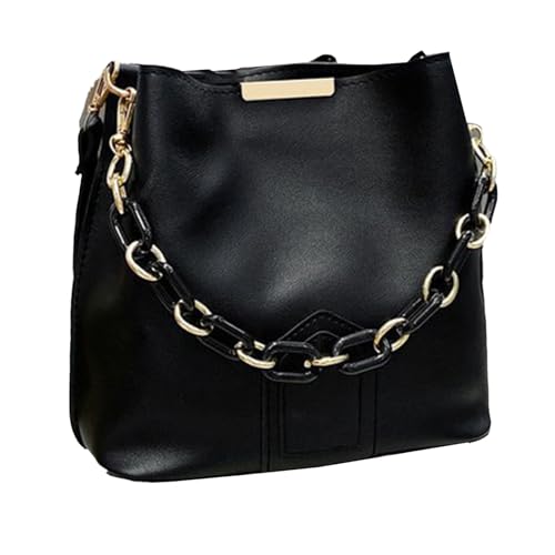 Modische Umhängetasche mit Kettengriff, koreanisch, elegant, einfarbig, PU-Leder, Eimertasche, Umhängetasche, Handtasche für Damen, trendige Umhängetasche, Schwarz , One Size von Hattba