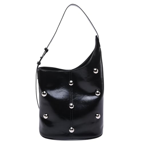 Stilvolle einfarbige PU-Leder-Umhängetasche für Damen, Nieten, Perlen, Verzierung, großes Fassungsvermögen, Unterarm-Eimer, Handtasche, lässige Arbeitstasche, Schwarz , One Size von Hattba