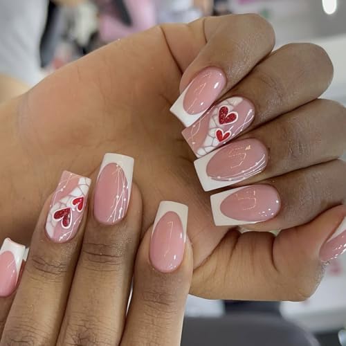 Valentine Nails Sweet Heart Art 24 Stück kurze quadratische Kunstnägel zum Aufdrücken auf französische Maniküre für Frauen und Mädchen von Hattba
