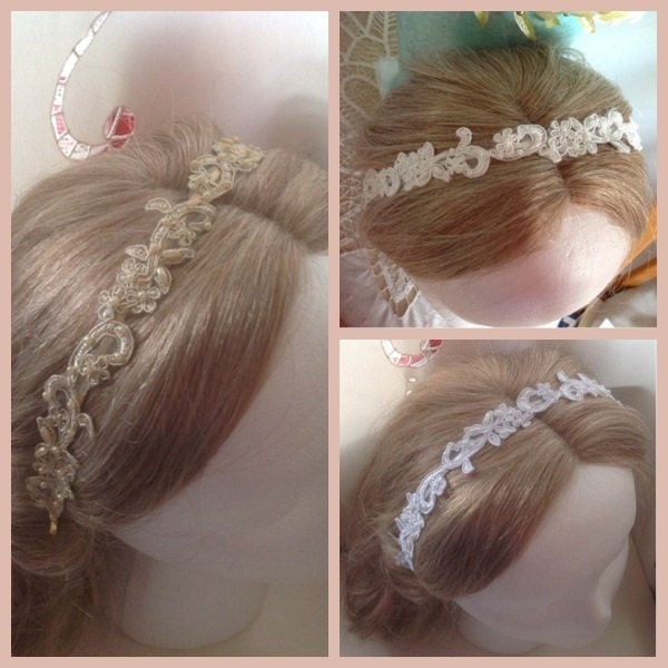 20% Sale Risette Braut Champagner Gold/Elfenbein Weiß - Perle Bestickte Spitze Metall Haarband von Hattraction