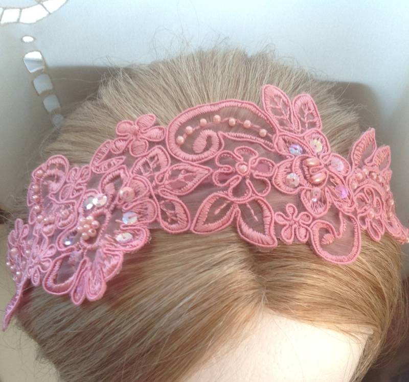 40% Sale - Süße Organza Spitze Perle Pailletten Satin Metall Haarband Dusty Rose/Altrosa von Hattraction