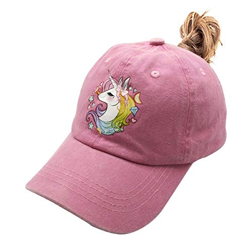 Mädchen Schnute Unikorn Ponytail Cap，Verstellbare High Buns Baseball Hat für 3-12 Jährige in rosa von Hatwell