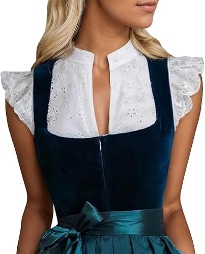 Hauetro Angebote des Tages Heute Dirndl Bluse Damen Flügelärmel - Trachtenbluse Weiß Dirndlbluse Hochgeschlossen Kurzarm Dirndlblusen V-Ausschnitt Trachtenbluse Stehkragen Trachten Oberteil von Hauetro