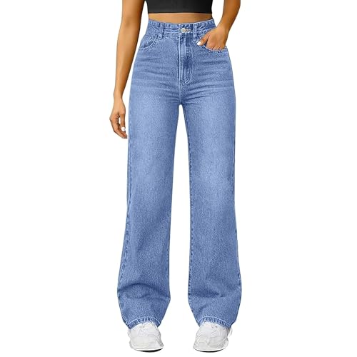 Hauetro Damen Denim Hose mit weitem Bein, hohe Taille, gerades Bein, lockere Passform, Unregelmäßiger handgeriebener Elastizität Casual Jeans Weites Bein Jeans Damen Mit Taschen von Hauetro