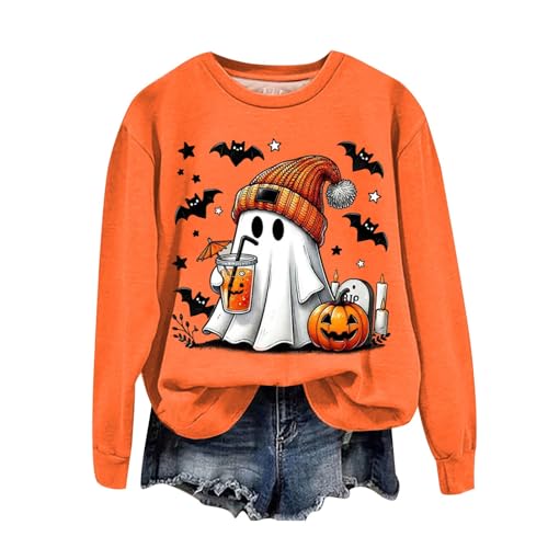 Hauetro Halloween Pullover Damen Pumpkin Geist Druck Sweatershirt Rundhals Pulli Oversized Lustige Casual Lustig Oberteil Autumn Winter Frauen Langarm Bluse Tops Teenager Mädchen Shirt Sweater von Hauetro