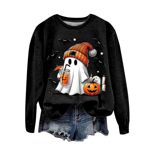 Hauetro Halloween Pullover Damen Pumpkin Geist Druck Sweatershirt Rundhals Pulli Oversized Lustige Casual Lustig Oberteil Autumn Winter Frauen Langarm Bluse Tops Teenager Mädchen Shirt Sweater von Hauetro