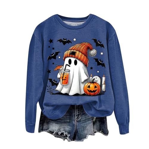 Hauetro Halloween Pullover Damen Pumpkin Geist Druck Sweatershirt Rundhals Pulli Oversized Lustige Casual Lustig Oberteil Autumn Winter Frauen Langarm Bluse Tops Teenager Mädchen Shirt Sweater von Hauetro