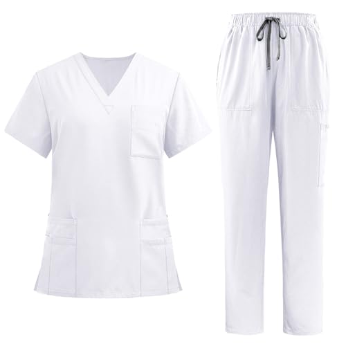 Hauetro Medizinische Arbeitskleidung Damen Herren Krankenschwester Arbeitskleidung Set Waschbar Unisex Medizinische Uniform Krankenhaus Kurzarm Oberteil mit Hose Schlupfkasack für Altenpflege von Hauetro