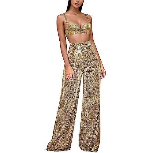 Hauetro Pailletten Hose Damen Glitzer Hose mit Weites Bein Lang High Waist Schlaghose Baggy Jogginghose Vintage Party Silvester Glitzer Outfit Locker Metallic Hose Disco Paillettenhose Hippie Kostüm von Hauetro