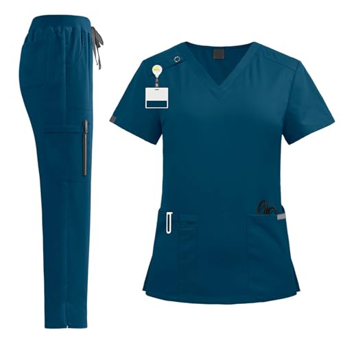 Hauetro Schrubb Set Damen Herren Medizinische Uniformen V-Ausschnitt Oberteil + Kordelzug Kasackhose Set Krankenschwester Krankenhaus Berufskleidung von Hauetro