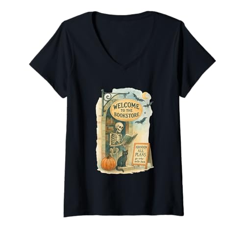 Damen Welcome to The Bookstore Spooky Skeleton Halloween T-Shirt mit V-Ausschnitt Damen Welcome to The Bookstore Spooky Skeleton Halloween T-Shirt mit V-Ausschnitt von Haunted Bookshop Club