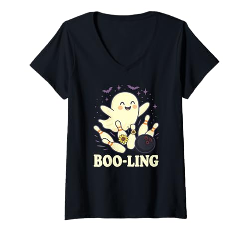 Damen Boo-Ling Ghost Bowling Halloween Lustiges gruseliges Bowler-Kostüm T-Shirt mit V-Ausschnitt Damen Boo-Ling Ghost Bowling Halloween Lustiges gruseliges Bowler-Kostüm T-Shirt mit V-Ausschnitt von Haunted Bowling Lanes Co.