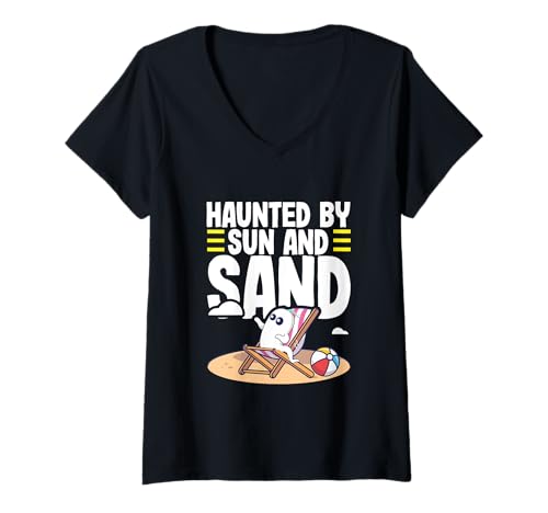 Damen Summerween Ghost Lover Wird an Halloween von Sonne und Sand heimgesucht T-Shirt mit V-Ausschnitt Damen Summerween Ghost Lover Wird an Halloween von Sonne und Sand heimgesucht T-Shirt mit V-Ausschnitt von Haunted By Sun And Sand Summerween Gift