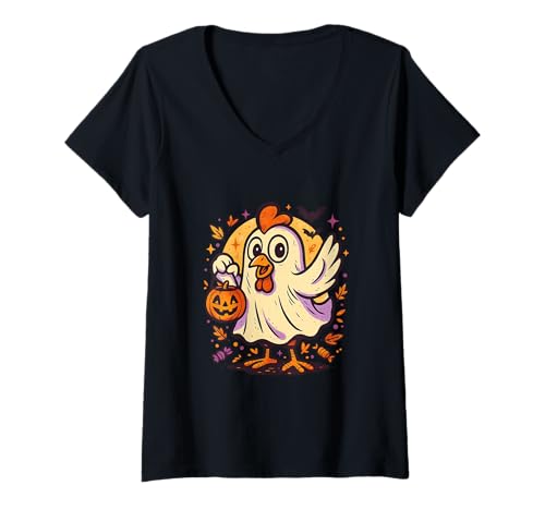 Damen Geist Huhn Lustiges Halloween Kostüm – Retro Bauernhof T-Shirt mit V-Ausschnitt Damen Geist Huhn Lustiges Halloween Kostüm – Retro Bauernhof T-Shirt mit V-Ausschnitt von Haunted Coop Apparel