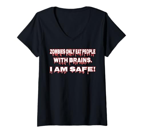 Damen Zombie Only Eat People with Brain I Am Safe - Halloween T-Shirt mit V-Ausschnitt Damen Zombie Only Eat People with Brain I Am Safe - Halloween T-Shirt mit V-Ausschnitt von Haunted Costume Corner Halloween Gear