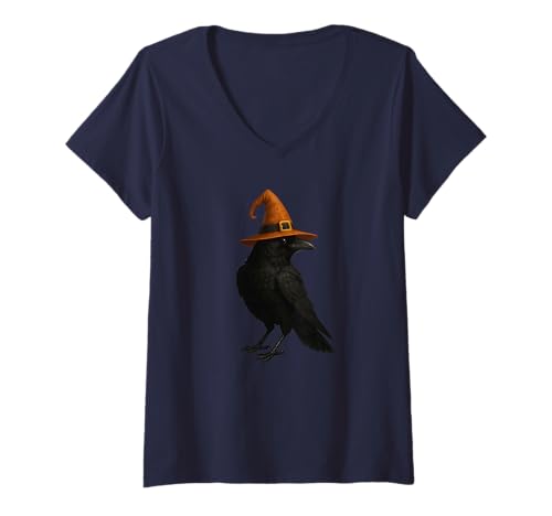 Damen Niedliche Rabenkrähe mit Hexenhut gruseliges Halloween-Vogel-Design T-Shirt mit V-Ausschnitt von Haunted Crow Apparel