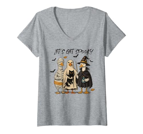 Damen Lustiges Ente Halloween Kostüm Shirt Let's Get Spooky Cartoon T-Shirt mit V-Ausschnitt Damen Lustiges Ente Halloween Kostüm Shirt Let's Get Spooky Cartoon T-Shirt mit V-Ausschnitt von Haunted Ducks Funny Halloween Costume Party Shirts