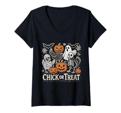 Damen Lustiges Halloween Küken oder Leckerli Gruselige Jahreszeit Gruseliges Huhn T-Shirt mit V-Ausschnitt Damen Lustiges Halloween Küken oder Leckerli Gruselige Jahreszeit Gruseliges Huhn T-Shirt mit V-Ausschnitt von Haunted Farmyard Poultry Lover Halloween Designs