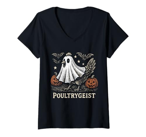 Damen Lustiger Geflügelgeist Huhn Geist Gruseliger Halloween-Humor T-Shirt mit V-Ausschnitt Damen Lustiger Geflügelgeist Huhn Geist Gruseliger Halloween-Humor T-Shirt mit V-Ausschnitt von Haunted Farmyard Spooky Chicken Humor Apparel
