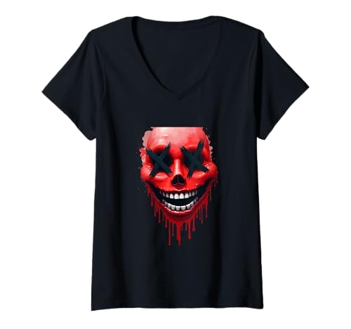 Damen Gruseliges X Face Horrorlächeln - Halloween T-Shirt mit V-Ausschnitt Damen Gruseliges X Face Horrorlächeln - Halloween T-Shirt mit V-Ausschnitt von Haunted Grin Collective