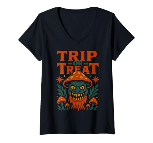 Damen Trip or Treat Lustiger Pilz Halloween Monster Design T-Shirt mit V-Ausschnitt Damen Trip or Treat Lustiger Pilz Halloween Monster Design T-Shirt mit V-Ausschnitt von Haunted Halloween Shop