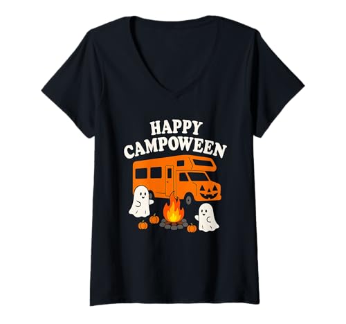 Damen Happy Campoween Wohnmobil Kürbis Halloween Ghost Lagerfeuer T-Shirt mit V-Ausschnitt Damen Happy Campoween Wohnmobil Kürbis Halloween Ghost Lagerfeuer T-Shirt mit V-Ausschnitt von Haunted Highway Apparel