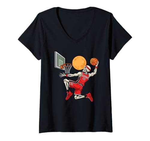Damen Skelett Basketballspieler Dunk Moon Lustig Halloween Sport T-Shirt mit V-Ausschnitt Damen Skelett Basketballspieler Dunk Moon Lustig Halloween Sport T-Shirt mit V-Ausschnitt von Haunted Hoops Dunking Costumes