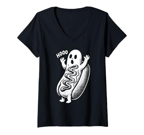 Damen Haunted Ghost Hotdog Lustiger Halloween-Feinschmecker T-Shirt mit V-Ausschnitt Damen Haunted Ghost Hotdog Lustiger Halloween-Feinschmecker T-Shirt mit V-Ausschnitt von Haunted Hotdog Funny Ghost Dog Halloween