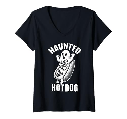 Damen Haunted Ghost Hotdog Lustiges Feinschmecker-Halloween T-Shirt mit V-Ausschnitt Damen Haunted Ghost Hotdog Lustiges Feinschmecker-Halloween T-Shirt mit V-Ausschnitt von Haunted Hotdog Funny Ghost Dog Halloween