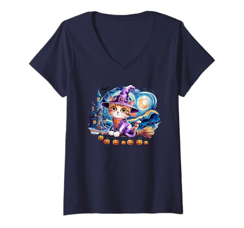 Damen Niedliche Halloween-Katze, Hexe, gruseliger Geist, Trick-Leckerli, Kinder, Mutter T-Shirt mit V-Ausschnitt von Haunted House Monster Vampire & Zombie Costumes