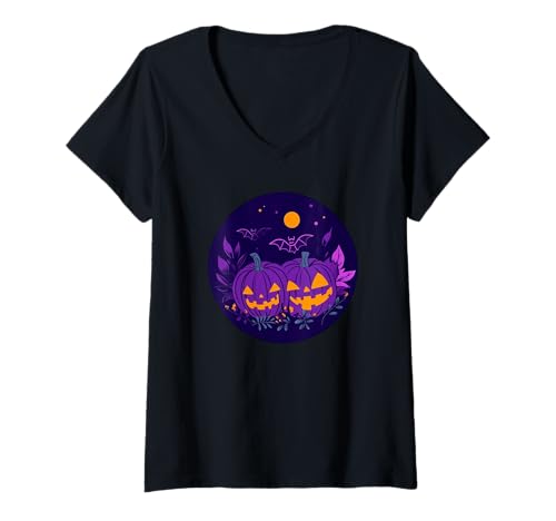 Damen Gruseliges lila Kürbisnacht-Design T-Shirt mit V-Ausschnitt Damen Gruseliges lila Kürbisnacht-Design T-Shirt mit V-Ausschnitt von Haunted Hues by Malgorzata Krzysztyniak