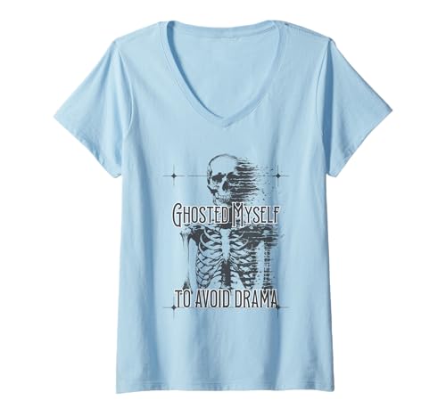 Damen Ghosted Myself to Avoid Drama Lustiges Skelett Goth T-Shirt mit V-Ausschnitt Damen Ghosted Myself to Avoid Drama Lustiges Skelett Goth T-Shirt mit V-Ausschnitt von Haunted Humor Co.