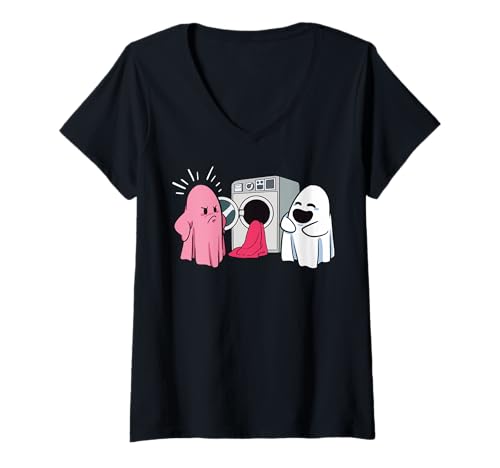 Damen Ghost Laundry Fail Laken Disaster, rosa T-Shirt mit V-Ausschnitt Damen Ghost Laundry Fail Laken Disaster, rosa T-Shirt mit V-Ausschnitt von Haunted Humor Designs