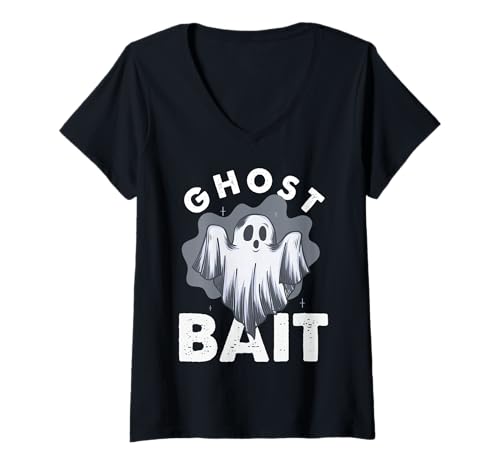 Damen Gruseliger Geisterköder, lustiges Design T-Shirt mit V-Ausschnitt von Haunted Humor Designs