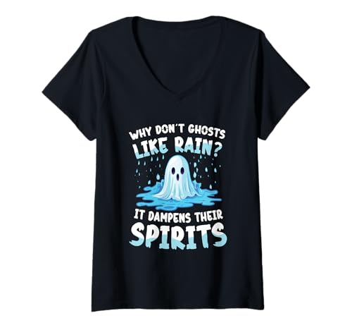 Damen Warum mögen Geister keinen Regen? Er dämpft ihre Stimmung T-Shirt mit V-Ausschnitt Damen Warum mögen Geister keinen Regen? Er dämpft ihre Stimmung T-Shirt mit V-Ausschnitt von Haunted Humor Ghost Pun Rainy Day Spirits
