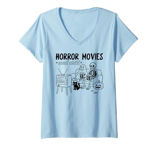 Damen Halloween Horror Filme Ente Geist Kostüm Skelett Katze Spaß T-Shirt mit V-Ausschnitt Damen Halloween Horror Filme Ente Geist Kostüm Skelett Katze Spaß T-Shirt mit V-Ausschnitt von Haunted Humor Halloween Duck Costume Tees