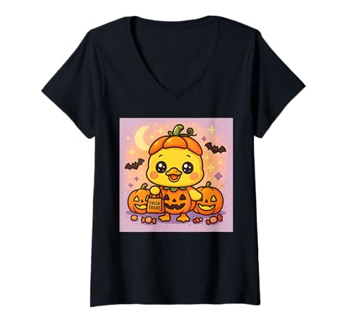 Damen Kawaii Halloween Ente im Kürbis Kostüm Trick or Treat Kinder T-Shirt mit V-Ausschnitt von Haunted Humor Halloween Duck Costume Tees