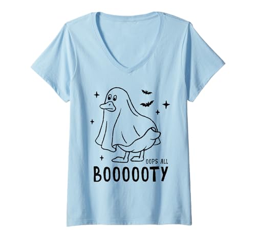 Damen Lustiges Halloween-Enten-Geister-Shirt Oops All Booooty Kostüm T-Shirt mit V-Ausschnitt von Haunted Humor Halloween Duck Costume Tees