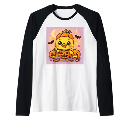 Kawaii Halloween Ente im Kürbis Kostüm Trick or Treat Kinder Raglan von Haunted Humor Halloween Duck Costume Tees