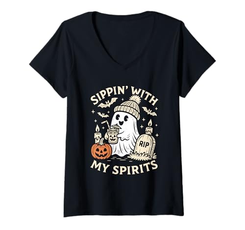 Damen Lustiger Geist Halloween Trinkgeister Gruselgeschenk T-Shirt mit V-Ausschnitt Damen Lustiger Geist Halloween Trinkgeister Gruselgeschenk T-Shirt mit V-Ausschnitt von Haunted Humor Spooky Ghost Vibes Apparel