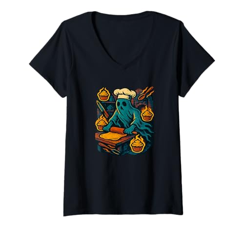 Damen Ghost Baker Teigrolle mit feurigen Cupcakes T-Shirt mit V-Ausschnitt Damen Ghost Baker Teigrolle mit feurigen Cupcakes T-Shirt mit V-Ausschnitt von Haunted Kitchen Co